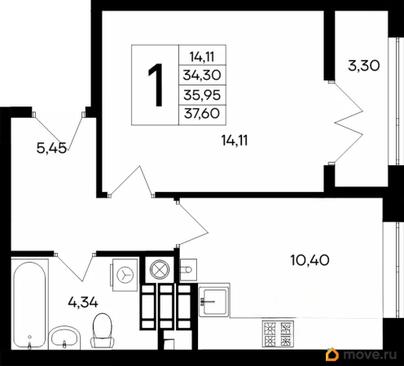 1-комн. квартира, 37.6 м&sup2;