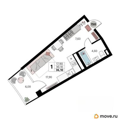 1-комн. апартаменты, 36.1 м&sup2;