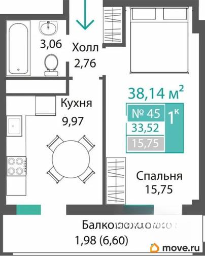1-комн. квартира, 33.52 м&sup2;