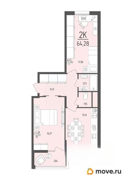 2-комн. квартира, 64.28 м&sup2;