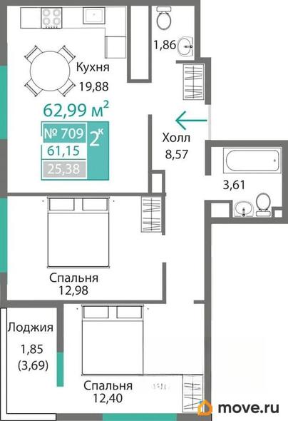 2-комн. квартира, 61.15 м&sup2;