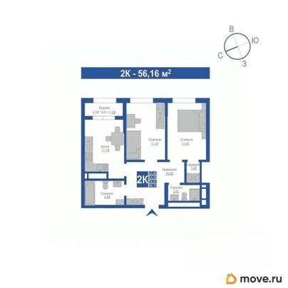 2-комн. квартира, 54.87 м&sup2;