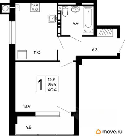 1-комн. квартира, 40.4 м&sup2;