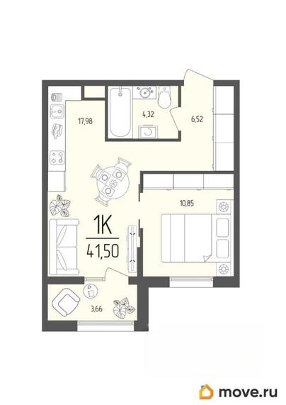 1-комн. квартира, 41.5 м&sup2;
