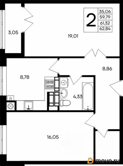 2-комн. квартира, 62.84 м&sup2;