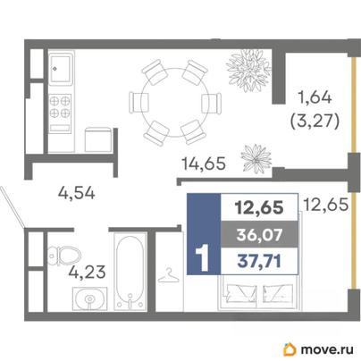1-комн. квартира, 37.71 м&sup2;