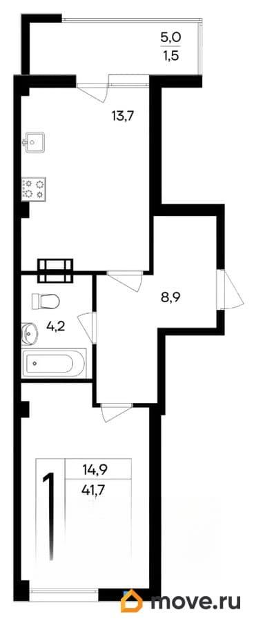 1-комн. квартира, 46.7 м&sup2;