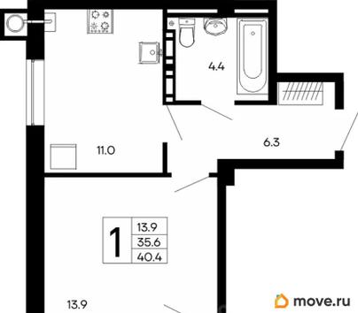 1-комн. квартира, 40.4 м&sup2;