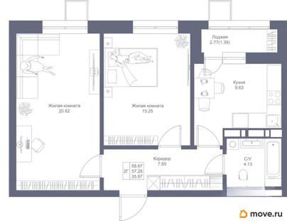 2-комн. квартира, 58.67 м&sup2;