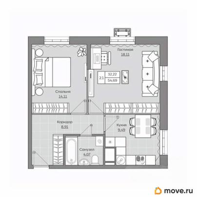 2-комн. квартира, 54.69 м&sup2;