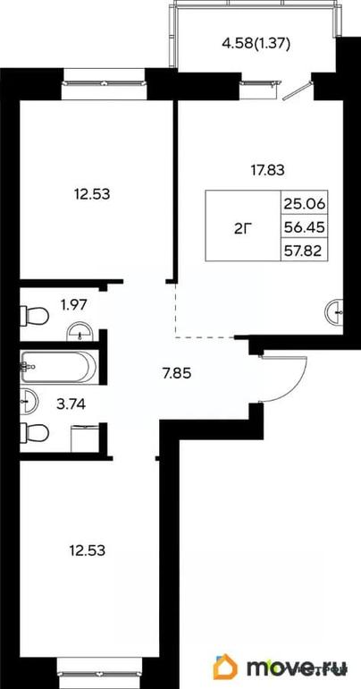 2-комн. квартира, 57.82 м&sup2;