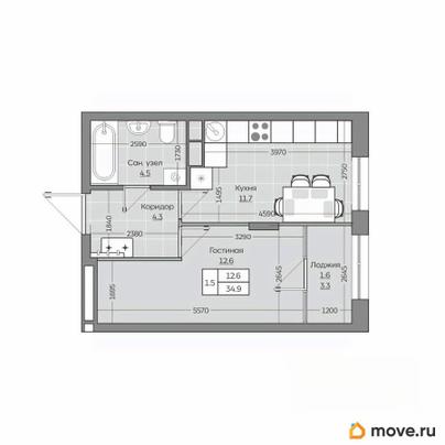 1-комн. квартира, 34.91 м&sup2;