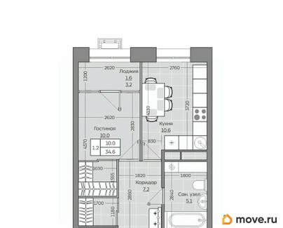 1-комн. квартира, 34.65 м&sup2;