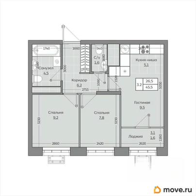 3-комн. квартира, 45.46 м&sup2;