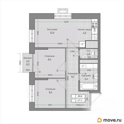 3-комн. квартира, 47.92 м&sup2;
