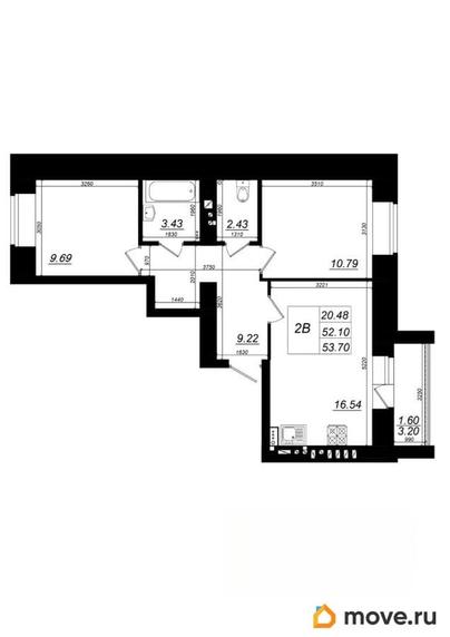 2-комн. квартира, 53.7 м&sup2;