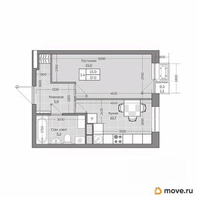 1-комн. квартира, 37.02 м&sup2;