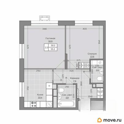 2-комн. квартира, 55.25 м&sup2;