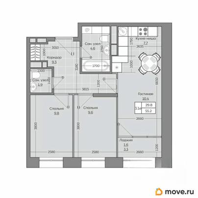 3-комн. квартира, 55.23 м&sup2;