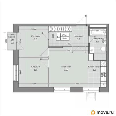 3-комн. квартира, 54.68 м&sup2;
