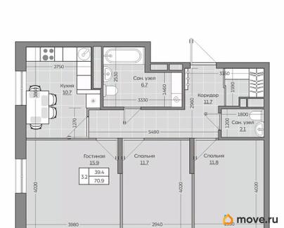 3-комн. квартира, 70.91 м&sup2;