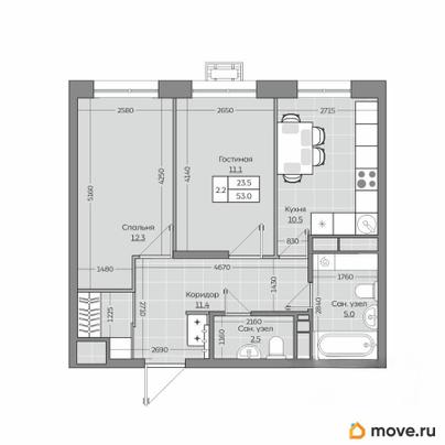 2-комн. квартира, 53.09 м&sup2;
