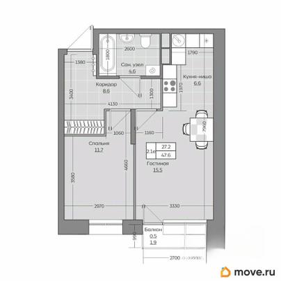2-комн. квартира, 47.67 м&sup2;