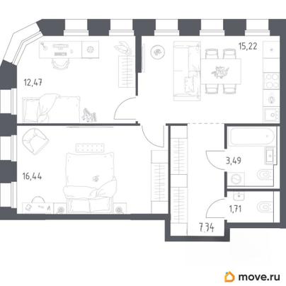 2-комн. квартира, 56.67 м&sup2;