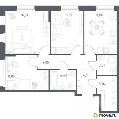 3-комн. квартира, 75.05 м&sup2;