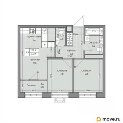 3-комн. квартира, 45.21 м&sup2;