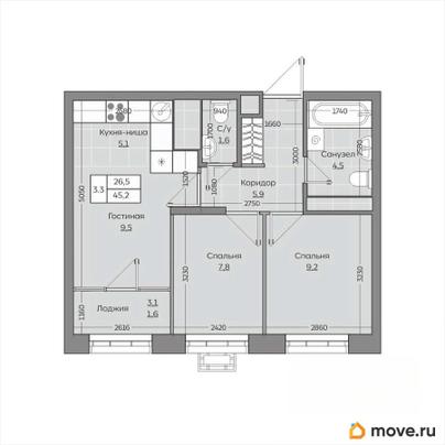 3-комн. квартира, 45.21 м&sup2;