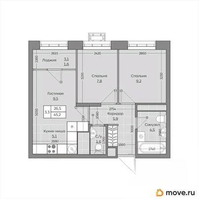 3-комн. квартира, 45.21 м&sup2;
