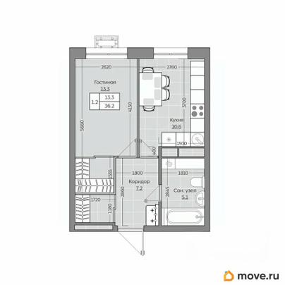 1-комн. квартира, 36.29 м&sup2;