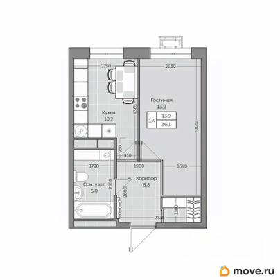 1-комн. квартира, 36.17 м&sup2;