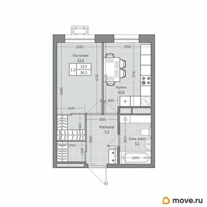1-комн. квартира, 36.28 м&sup2;