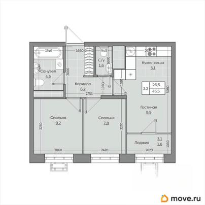3-комн. квартира, 45.47 м&sup2;