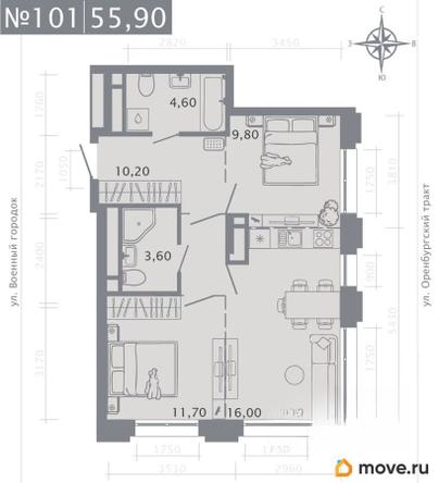 2-комн. квартира, 55.9 м&sup2;