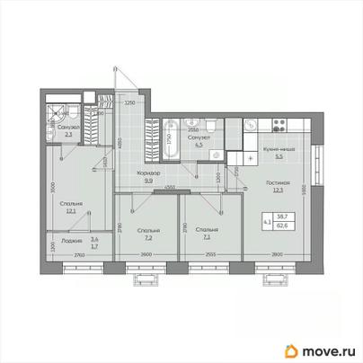 4-комн. квартира, 62.61 м&sup2;