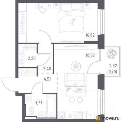 1-комн. квартира, 47.07 м&sup2;