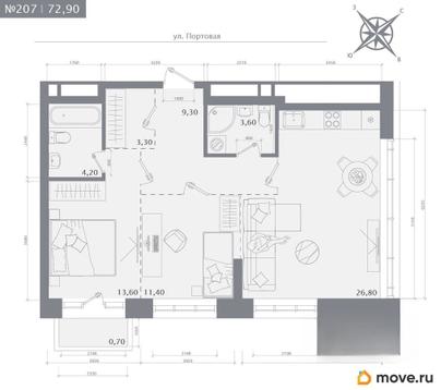 2-комн. квартира, 72.9 м&sup2;