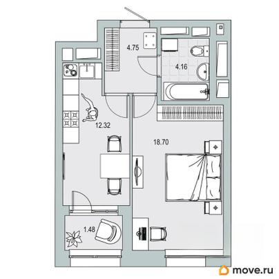 1-комн. квартира, 41.41 м&sup2;