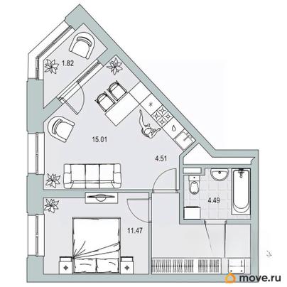 2-комн. квартира, 45.29 м&sup2;