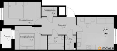 3-комн. квартира, 64.4 м&sup2;