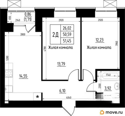 2-комн. квартира, 51.45 м&sup2;