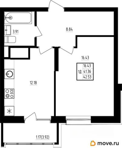 1-комн. квартира, 41.9 м&sup2;