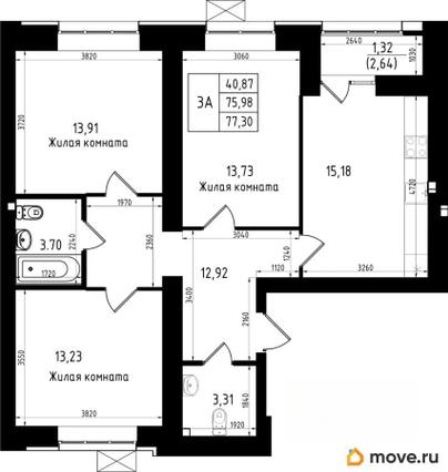 3-комн. квартира, 77.3 м&sup2;