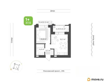 1-комн. квартира, 37.5 м&sup2;