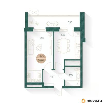 1-комн. квартира, 38.94 м&sup2;