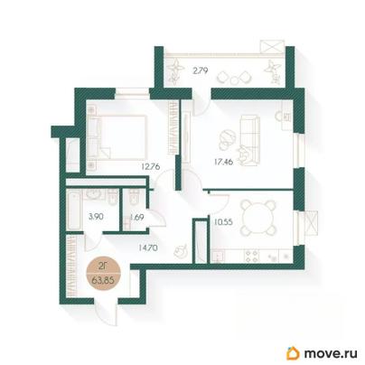 2-комн. квартира, 63.85 м&sup2;