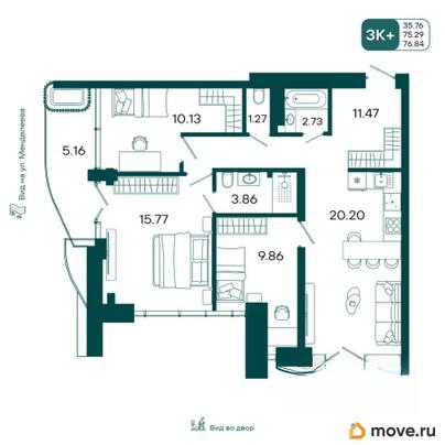 3-комн. квартира, 76.34 м&sup2;